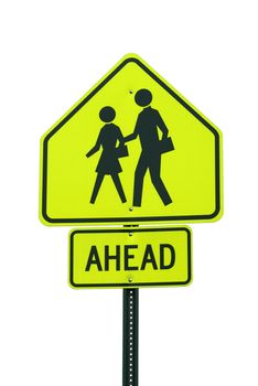 Yellow crosswalk sign against white