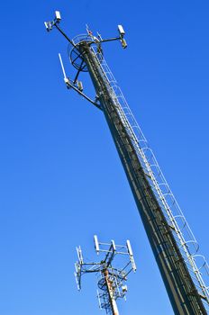 Two telecommunication antennas against a clear blue sky
