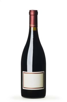 Red wine bottle with blank label on white background
