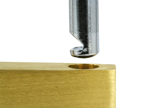 A Isolated Brass open lock on white macro