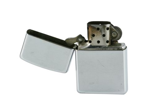 A Isolated open ciggarette metal lighter on white