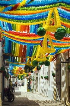 Decorated street in summer festival, Alcacer do Sal, Alentejo, Portugal