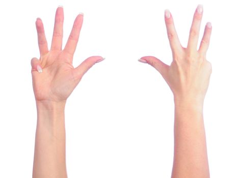 Female hands counting. Number 4