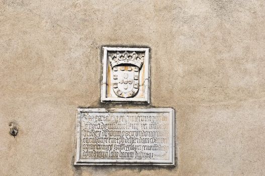 Portuguese coat of arms in the medieval castle of Alvito, Alentejo, Portugal
