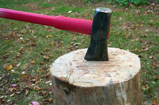 A Wood splitting ax in a log