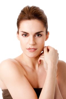 Beautiful brunette face with mole on lip and hands next to head, natural and pure, isolated