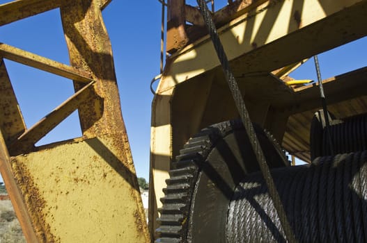 Detail of a quarry heavy duty crane showing the winch reel