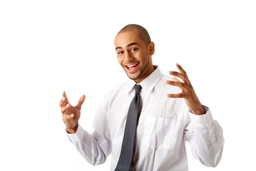 Torso of a handsome happy African Hispanic business man in white shirt and gray tie and hands up, isolated