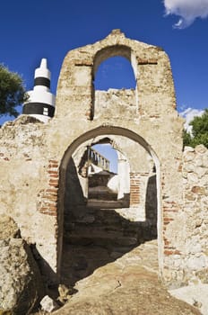 Triangulation station over a ruined building in Alentejo, Portugal
