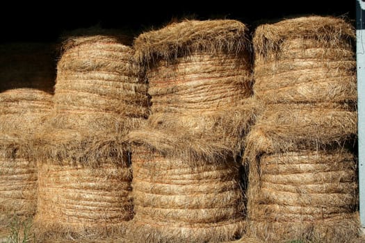 A bunch of Stacked Hay Bails