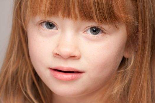 Portrait of an Adorable Red Haired Girl on a Grey Background.