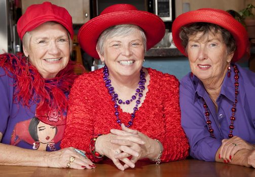 Three friendly senior women wearing red hats