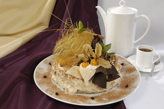 luxorious coffee cake and cup of coffee