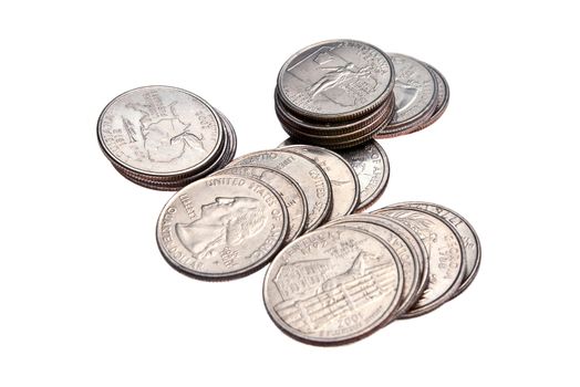 Stacks of US Quarters, isolated on a white background