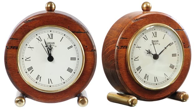  isolated old-fashion wooden clock on white with clipping paths