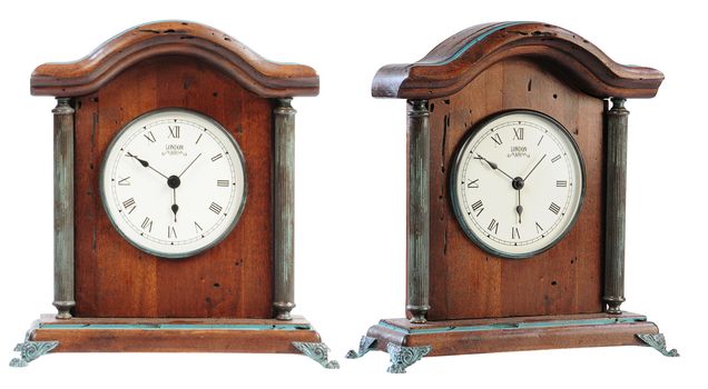  isolated old- fashioned classic wooden clock on white