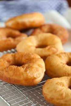 Delicious and freshly baked doughnuts cooling on a cooling rack