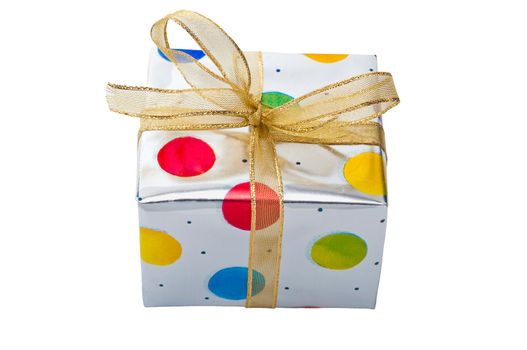 Silver gift box with colored dots and gold ribbon isolated on white