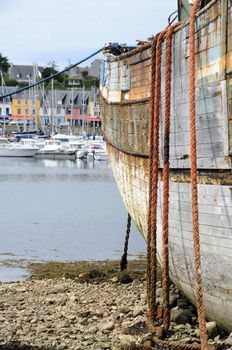 Details of shipwreck at ship graveyard in camaret-sur-mer in brittany, france