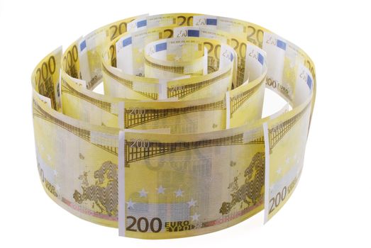 Spiral of 200 euro banknotes on the white background