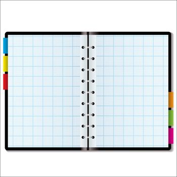 Illustrated graph paper in a note book with colored tabs