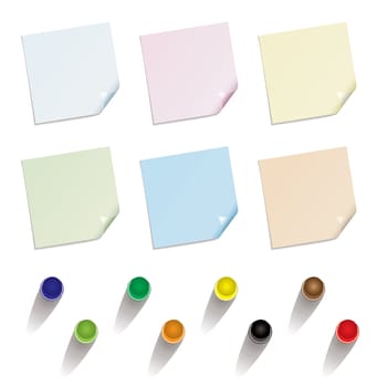 Collection of different colored note papers with drawing pin in various colours