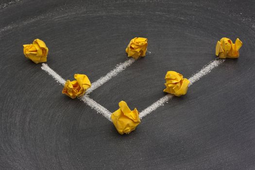 model of tree (hierarchical) network made with yellow crumbled paper nodes, white chalk connection lines and blackboard with eraser smudges in background