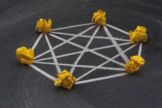 model of fully connected (mesh)  network made with yellow crumbled paper nodes, white chalk connection lines and blackboard with eraser smudges in background