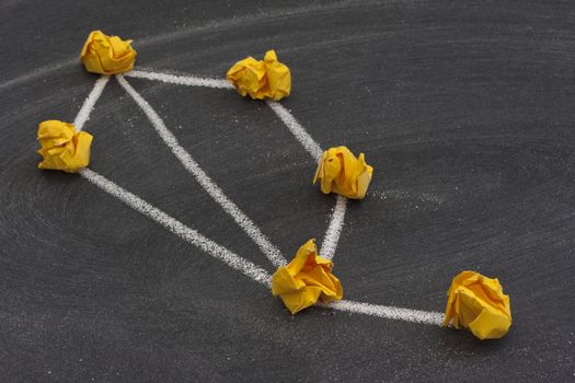 model of mesh (partially connected) network made with yellow crumbled paper nodes, white chalk connection lines and blackboard with eraser smudges in background