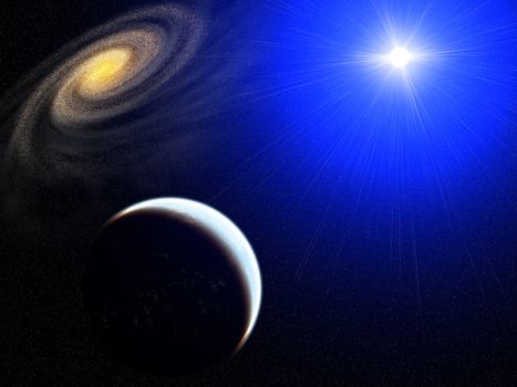 Computer generated image of a star with a planet with life and a galaxy in background.