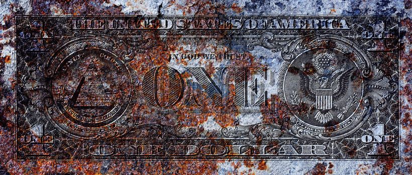Concept recession, dollar banknote covered in rust