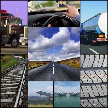 Transport themed collage or collection with different types of transport: trucks, airplane, car, boat, train.