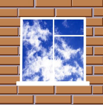 Brick wall and window with type on sky