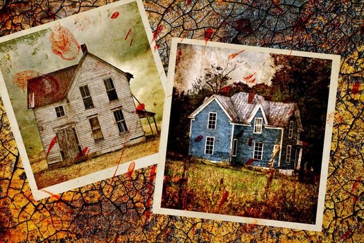 Two photos of old houses with blood splatter against a heavily grunged background.