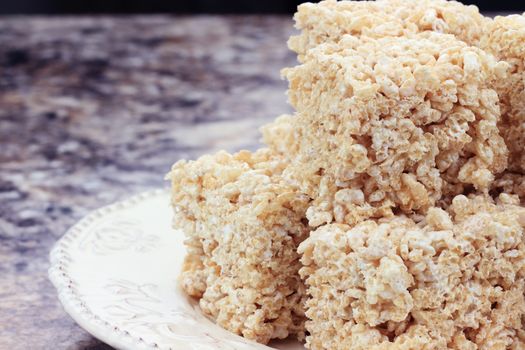 Marshmallow and rice cereal dessert bars. 