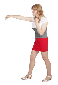 Young woman strikes a hand isolated on white background