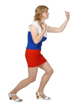 Girl beats fist isolated on a white background