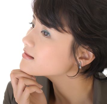 Smart young woman thinking, closeup portrait of Asian beauty on white.