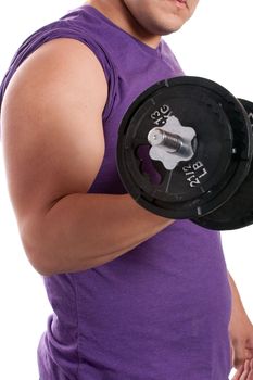 A young man lifting a dumbbell over a white background.