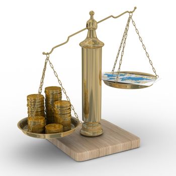 Credit card and coins on scales. Isolated 3D image