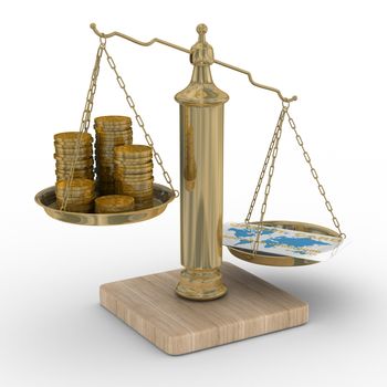Credit card and coins on scales. Isolated 3D image