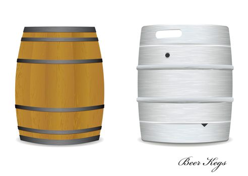 Two new and old beer kegs with wood and metal version