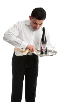 A waiter, barman or domestic staff at work.  White background.