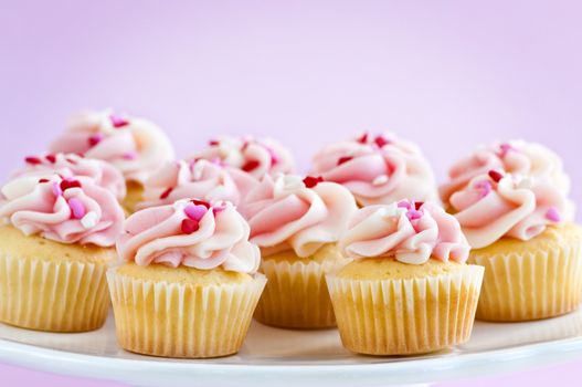 Lots of tasty cupcakes with icing on serving tray