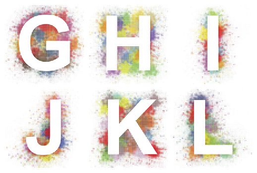 Colorful halftone alphabet. Letters from G to L.