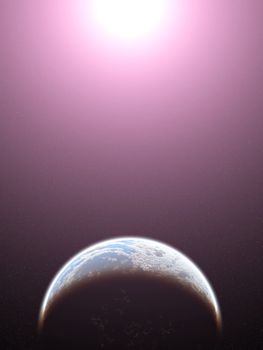 Computer generated image of a star and a planet with life.