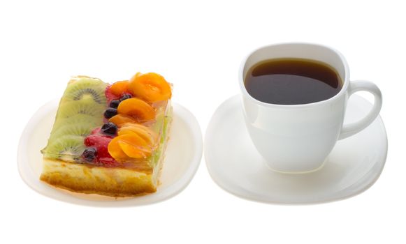 close-up curd cake with fruits and coffee, isolated on white