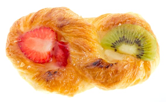 close-up puff pastry with kiwi and strawberry, isolated on white