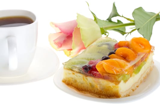 close-up curd cake with fruits and rose, isolated on white