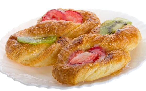 close-up puff pastry with kiwi and strawberry, isolated on white